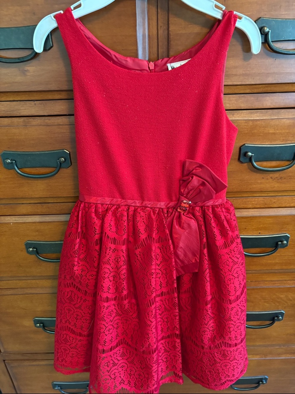 emily west Red Lace Trim Formal Dress with Satin Bow